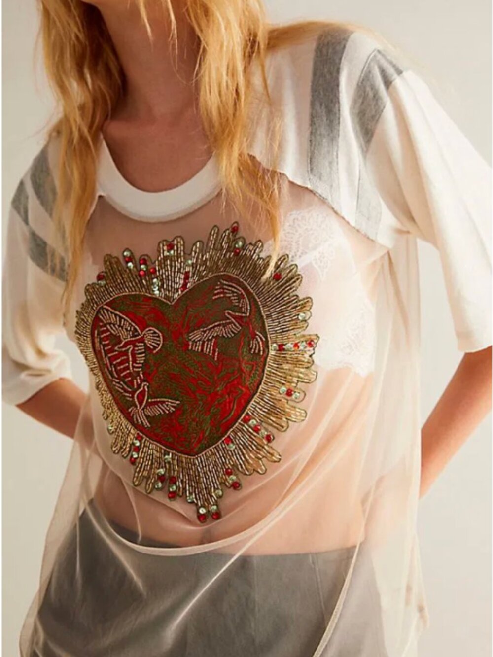 Free People We The Free Hearts On Fire Tee Beaded Mesh M NWOT